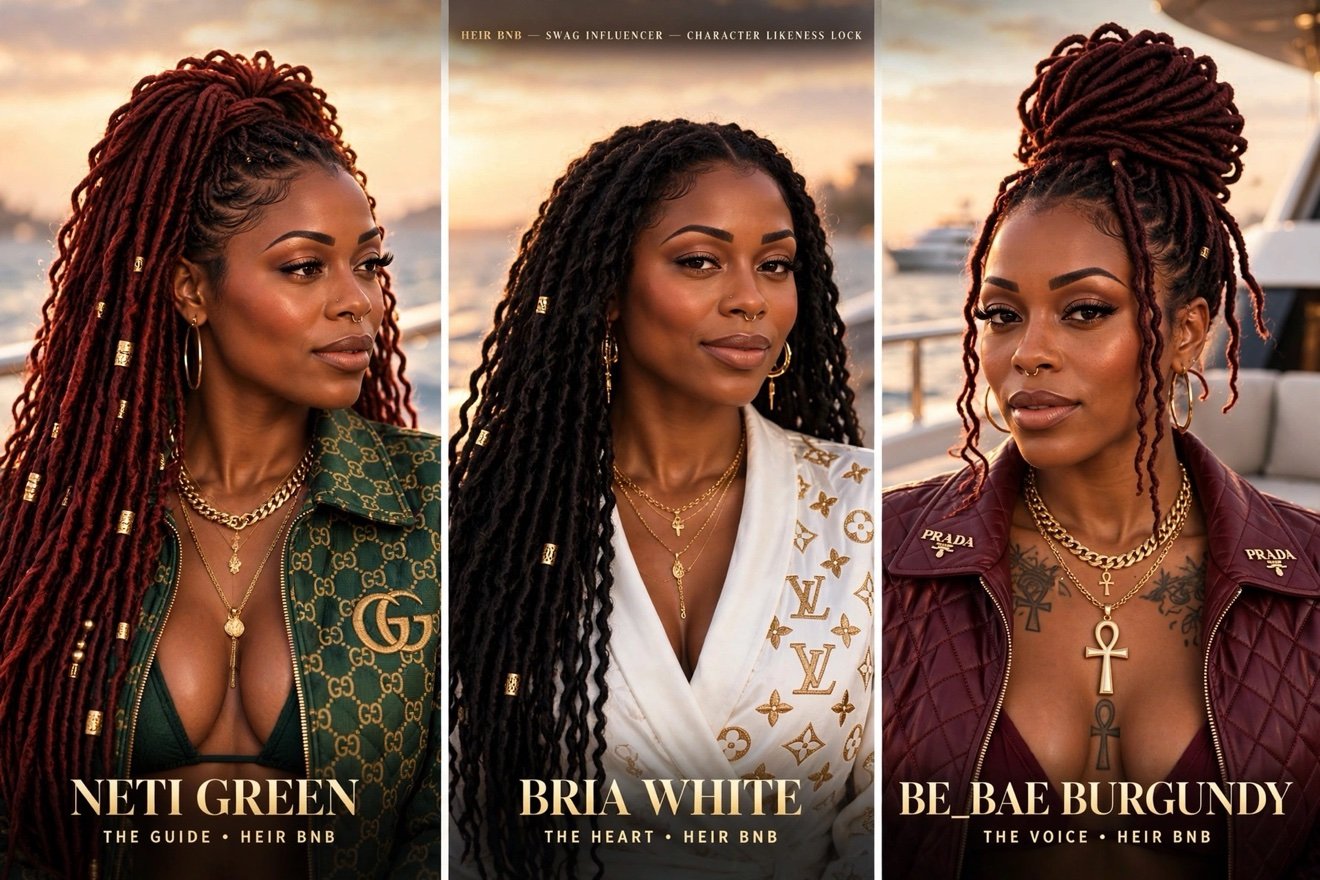 HEIR BNB character likeness lock triptych — Neti Green, Bria White, Be_Bae Burgundy